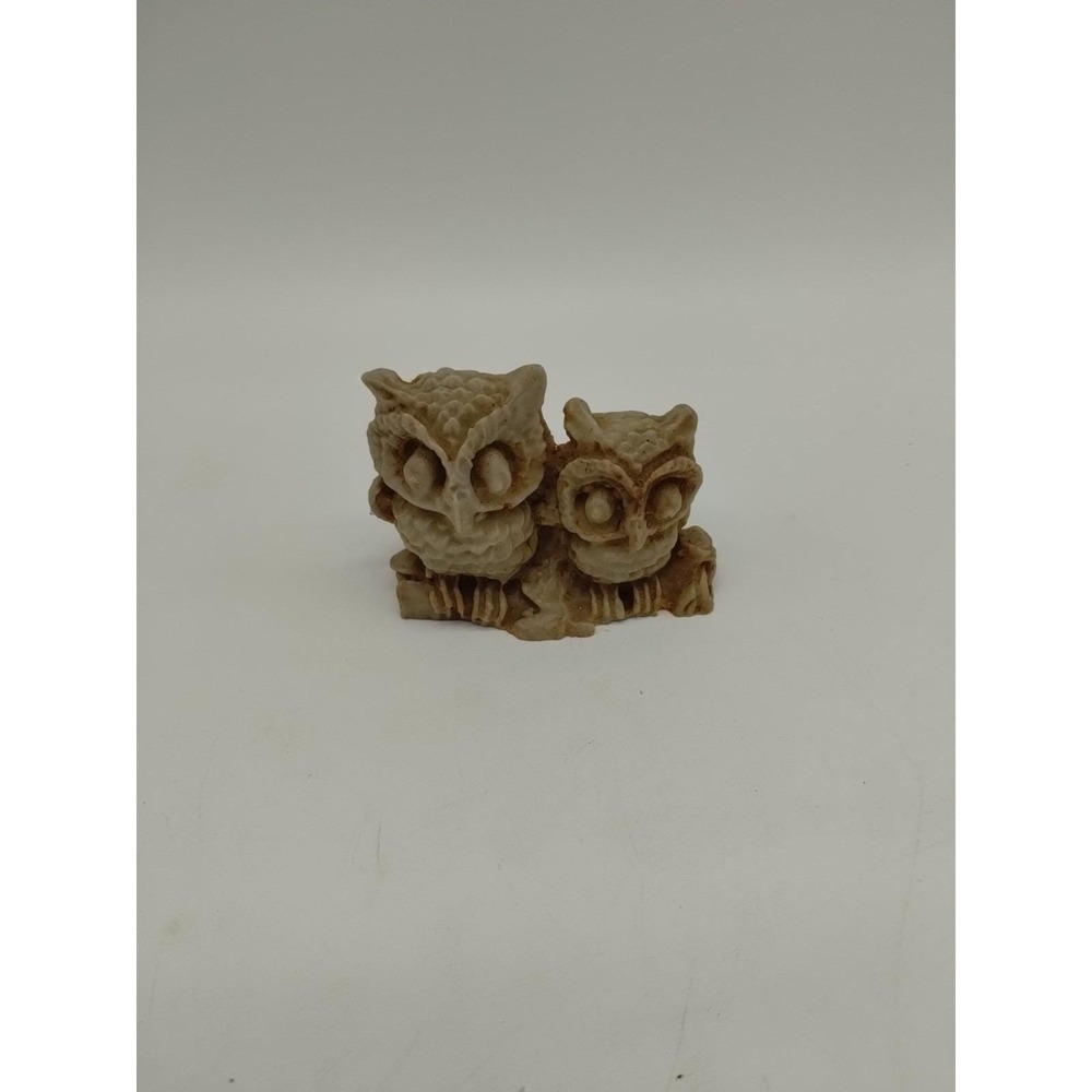 Vintage Miniature Beige Owl Pair On Limb 2" Good Condition